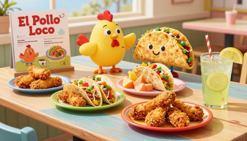 A vibrant El Pollo Loco kids menu displayed on a colorful wooden table, featuring a variety of items like chicken tenders, mini tacos, and fresh fruit cups arranged appetizingly. In the foreground, a cheerful children's meal, complete with a colorful plate and a cup of refreshing lemonade, showcases the fun aspect of dining for kids. In the middle ground, two cute, cartoonish characters—one resembling a cheerful chicken, the other a playful taco—are playfully interacting, emphasizing a family-friendly atmosphere. The background should have a light, sunny café vibe, with soft, warm lighting that evokes a sense of joy and togetherness. The angle should be slightly overhead, providing a clear view of the menu items while capturing the happiness of family meals. A vibrant El Pollo Loco kids menu displayed on a colorful wooden table, featuring a variety of items like chicken tenders, mini tacos, and fresh fruit cups arranged appetizingly. In the foreground, a cheerful children's meal, complete with a colorful plate and a cup of refreshing lemonade, showcases the fun aspect of dining for kids. In the middle ground, two cute, cartoonish characters—one resembling a cheerful chicken, the other a playful taco—are playfully interacting, emphasizing a family-friendly atmosphere. The background should have a light, sunny café vibe, with soft, warm lighting that evokes a sense of joy and togetherness. The angle should be slightly overhead, providing a clear view of the menu items while capturing the happiness of family meals.
