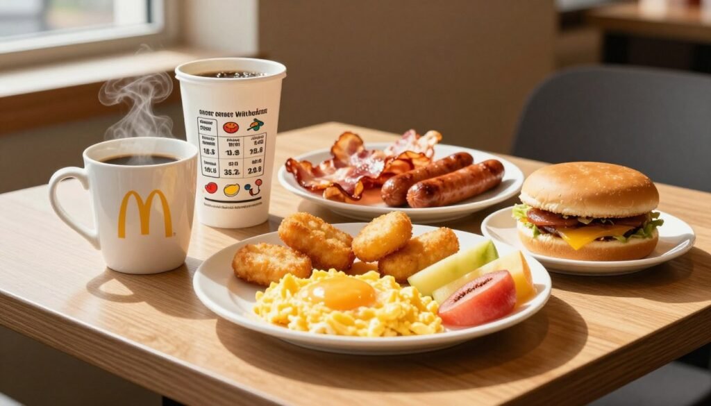 A vibrant McDonald's breakfast spread arranged on a wooden table in a cozy, inviting café setting. In the foreground, a steaming coffee cup next to an assortment of colorful breakfast items, including a fluffy scrambled egg, crispy hash browns, a golden McMuffin, and fresh fruit slices. The middle features a detailed plate of bacon and sausage alongside nutritional charts highlighting calorie counts and health tips, creatively illustrated with icons. The background showcases soft morning light filtering through window blinds, casting warm shadows on the table, enhancing the welcoming atmosphere. The camera angle is slightly elevated, providing a comprehensive view of the breakfast layout, evoking a sense of comfort and satisfaction.