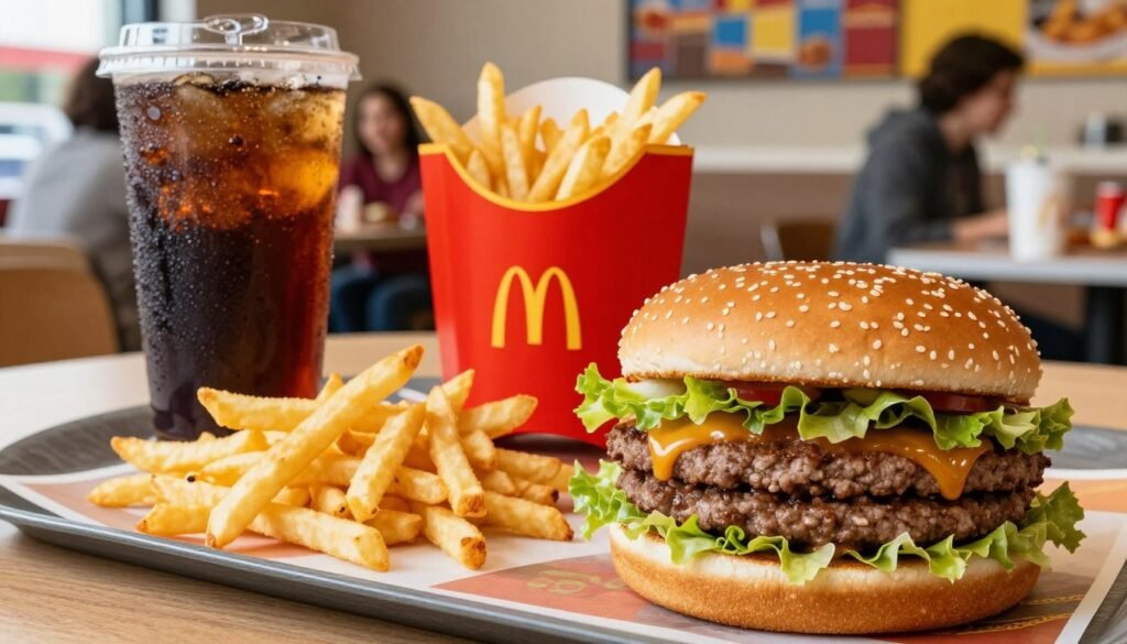 A vibrant McDonald's meal deal featuring a classic Big Mac, crispy fries, and a refreshing medium soft drink, arranged attractively on a wooden table. In the foreground, a close-up view of the Big Mac showcases its layers—succulent beef patties, fresh lettuce, and special sauce, glistening under soft, natural lighting. In the middle, a neatly piled serving of golden fries complements the burger, while a condensation-covered drink adds a pop of color and refreshment. The background captures a cozy fast-food setting with cheerful patrons enjoying their meals, and bright, inviting decor. The atmosphere is lively and friendly, emphasizing a satisfying fast-food experience, shot from a slightly elevated angle to enhance depth. A vibrant McDonald's meal deal featuring a classic Big Mac, crispy fries, and a refreshing medium soft drink, arranged attractively on a wooden table. In the foreground, a close-up view of the Big Mac showcases its layers—succulent beef patties, fresh lettuce, and special sauce, glistening under soft, natural lighting. In the middle, a neatly piled serving of golden fries complements the burger, while a condensation-covered drink adds a pop of color and refreshment. The background captures a cozy fast-food setting with cheerful patrons enjoying their meals, and bright, inviting decor. The atmosphere is lively and friendly, emphasizing a satisfying fast-food experience, shot from a slightly elevated angle to enhance depth.