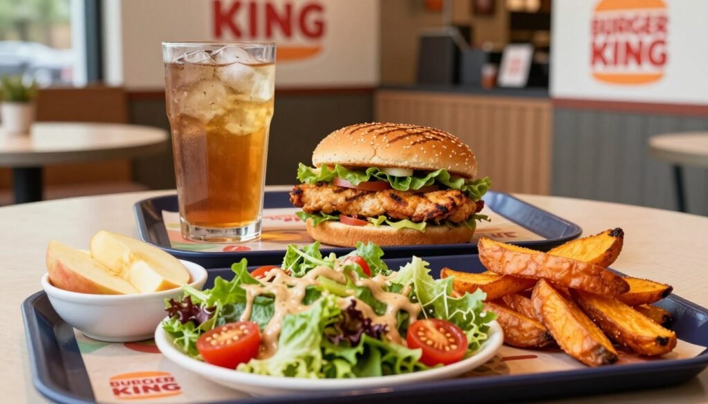 A vibrant and appealing arrangement of Burger King's nutritious menu items, focusing on smarter side dishes. In the foreground, showcase a colorful salad with crisp greens, cherry tomatoes, and a light vinaigrette dressing, accompanied by a small bowl of apple slices and a portion of baked sweet potato fries. In the middle, feature a cozy dining table setting, with a tray displaying a wholesome meal including a grilled chicken sandwich on a whole grain bun and a refreshing drink, like iced herbal tea. The background should depict a clean, modern Burger King interior with bright, inviting lighting, emphasizing a healthy dining atmosphere. The scene should evoke a sense of health and well-being, perfect for those seeking nutritious options.