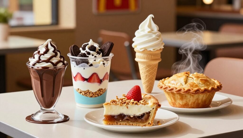A vibrant and appetizing depiction of McDonald's dessert menu items laid out on a sleek, modern table. In the foreground, a beautifully arranged selection of desserts including a chocolate sundae with melted chocolate drizzling down, a parfait layered with creamy vanilla yogurt, juicy strawberries, and crunchy granola, and a classic apple pie with a golden flaky crust, steam rising gently. In the middle ground, a colorful McFlurry cup swirled with Oreo pieces and a soft serve cone basking in sunlight. The background features a warm, inviting McDonald's restaurant interior with soft lighting that enhances the desserts' colors. The mood is cheerful and appetizing, encouraging a sense of indulgence. The composition is shot with a shallow depth of field to focus on the desserts, creating a mouth-watering atmosphere.