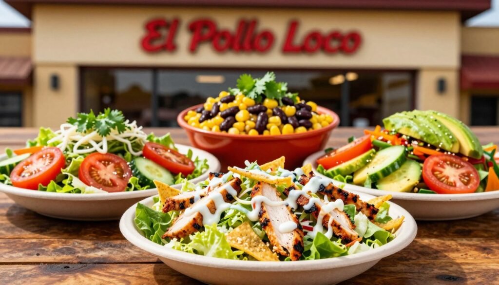 A vibrant and appetizing display of El Pollo Loco salad options on a rustic wooden table. Foreground: A variety of colorful salads, including a Mexican Caesar salad with crisp lettuce, grilled chicken, tortilla strips, and zesty dressing, alongside a fresh garden salad with tomatoes, cucumbers, and avocado. Middle: A brightly colored bowl of black bean corn salad sprinkled with cilantro, emphasizing freshness and flavor. Background: A softly blurred El Pollo Loco restaurant facade, showcasing its welcoming atmosphere. Warm, natural lighting enhances the freshness of the ingredients, creating an inviting and healthy mood. The angle is a close-up shot to capture the detail in the salad textures and vibrant colors, making the image enticing and visually appealing.