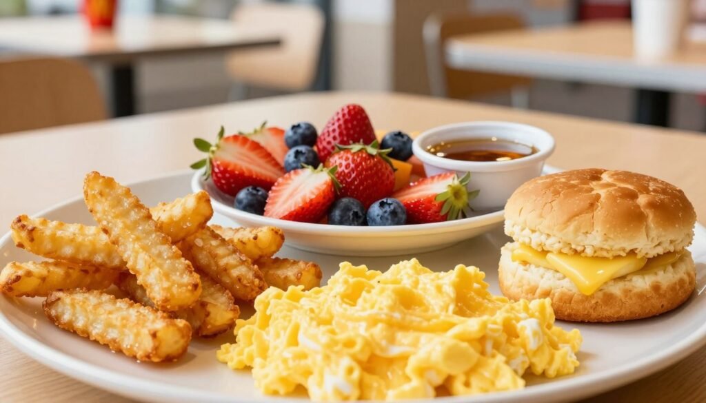 A vibrant and appetizing display of McDonald's breakfast sides arranged on a wooden table. In the foreground, include crispy golden hash browns, fluffy scrambled eggs, and hot, buttery biscuits. In the middle ground, showcase a large serving of fresh fruit, such as sliced strawberries and blueberries, along with a small bowl of sweet maple syrup. The background features a bright and inviting McDonald's restaurant interior, capturing the essence of a morning meal. Soft, natural lighting illuminates the scene, creating a warm and welcoming atmosphere. Use a slight overhead angle to enhance the visual appeal while focusing on the textures and colors of the food. The overall mood should be cheerful and appetizing, evoking a sense of comfort and nostalgia associated with breakfast at McDonald's.