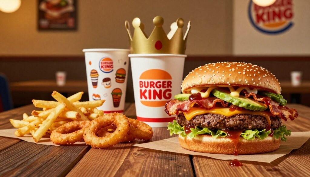 A vibrant and appetizing scene showcasing a variety of custom secret menu items from Burger King. In the foreground, a large, juicy burger loaded with extra toppings like crispy bacon, avocado, and special sauces sits next to a colorful array of onion rings and fries, artfully arranged on a rustic wooden table. In the middle, a classic Burger King crown and a whimsical cup adorned with illustrations of secret menu items enhance the playful theme. The background features a cozy Burger King interior with warm golden lighting casting inviting shadows. The overall mood is fun and indulgent, capturing the excitement of exploring hidden culinary treasures. The angle is slightly elevated, emphasizing the richness of the food and creating an inviting atmosphere.