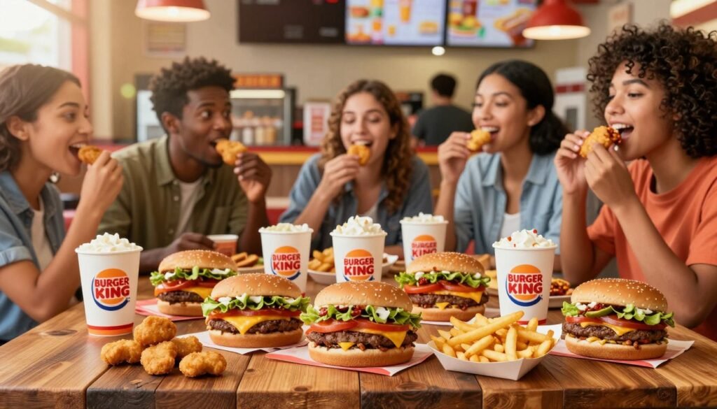 A vibrant and colorful display of Burger King's Dollar Menu items, arranged on a rustic wooden table. In the foreground, showcase a variety of regional fast-food items, such as spicy chicken nuggets, classic cheeseburgers, and unique local specialties like avocado fries and jalapeño poppers. The middle ground features a diverse group of people in casual attire, joyfully sharing and tasting these items with expressions of delight and curiosity. In the background, a softly blurred, bustling fast-food restaurant interior reflects the lively atmosphere. Use warm, inviting lighting to enhance the mood of camaraderie and satisfaction, with a slight lens flare adding a dreamy effect. Capture the scene from an inviting angle, creating a sense of accessibility and enjoyment surrounding affordable, delicious food.