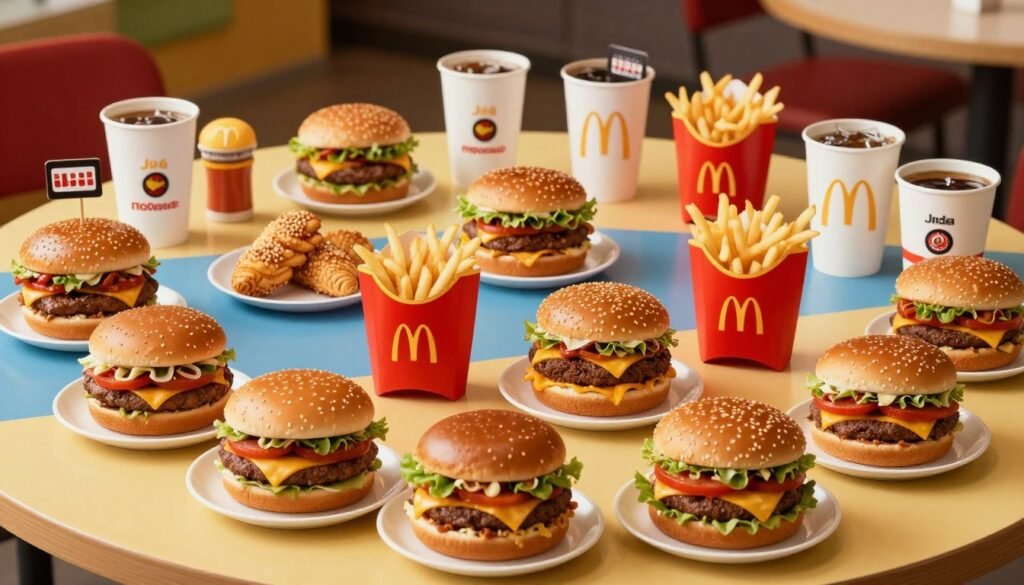 A vibrant and detailed tableau showcasing McDonald's Dollar Menu regional variations spread across a colorful table. In the foreground, display an inviting assortment of distinctive burgers, fries, and beverages from various countries, such as Japan's Teriyaki Burger, India's McAloo Tikki, and the U.S. Classic Cheeseburger. The middle ground features a well-organized layout with small plates and regional signage indicating the menu items. The background includes subtle hints of the McDonald's iconic branding, with soft lighting that enhances the appetizing look of the food. Use a warm color palette to evoke a cheerful and casual atmosphere. Capture the scene with a shallow depth of field from a slightly elevated angle to focus on the food while softly blurring the background, to immerse the viewer in the delicious variety.