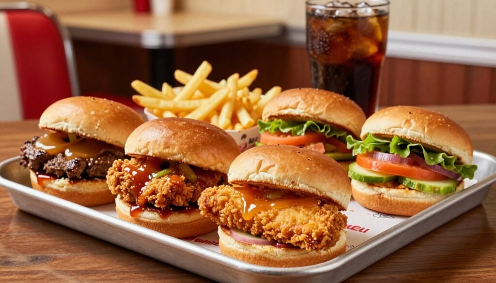 A vibrant and enticing display of a White Castle fast-food slider, showcasing a variety of non-beef options such as crispy chicken sliders, a savory fish slider, and a colorful vegetarian slider filled with fresh vegetables. In the foreground, the sliders are artfully arranged on a classic White Castle tray, glistening with tasty sauces and garnishes. In the middle ground, a side of golden French fries complements the meal, while a soft drink sits next to the tray. The background features a warm and inviting diner-style setting with a vintage look, accented by soft lighting that gives a cozy atmosphere. The overall mood is cheerful and appetizing, emphasizing the diversity of White Castle’s menu options. The image is captured at a slight overhead angle to highlight the food's textures and details, inviting viewers to explore the delicious possibilities.