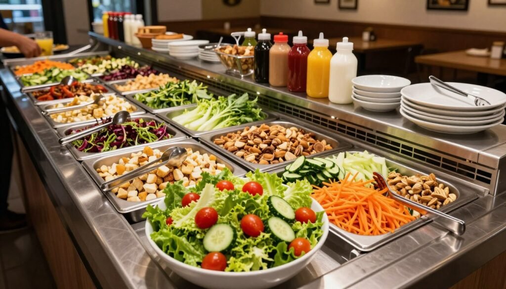 A vibrant and inviting Ruby Tuesday salad bar, featuring a wide array of fresh, colorful vegetables, leafy greens, and a variety of toppings like croutons, nuts, and dressings. The foreground displays a neatly arranged salad bowl filled with crunchy romaine lettuce, cherry tomatoes, cucumbers, and shredded carrots. In the middle, show the salad bar with multiple trays, each brimming with different ingredients, surrounded by clean utensils and appealing serving dishes. The background should include a warm, cozy restaurant interior with soft lighting that enhances the fresh colors of the food. Capture the atmosphere of a busy lunch hour, conveying a sense of health, freshness, and community. Use a slight overhead angle to highlight the extensive selection of healthy dining options.
