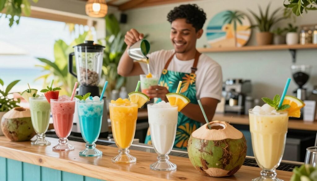 A vibrant and inviting Tropical Smoothie cafe scene depicting the secret menu items showcased prominently. In the foreground, a colorful display of tropical smoothies in fresh coconuts and oversized glasses, embellished with garnishes like fresh fruit slices and mint leaves. The middle ground features a friendly barista in a tropical-themed apron, preparing a smoothie with a blender, reflecting a welcoming service atmosphere. In the background, a bright, sunlit cafe interior with lush green plants and beach-themed decor, creating a feel of an inviting vacation spot. The lighting is warm and bright, simulating the glow of a sunny day. Capture the sense of tropical relaxation and excitement, emphasizing the hidden gem aspect of the secret menu.