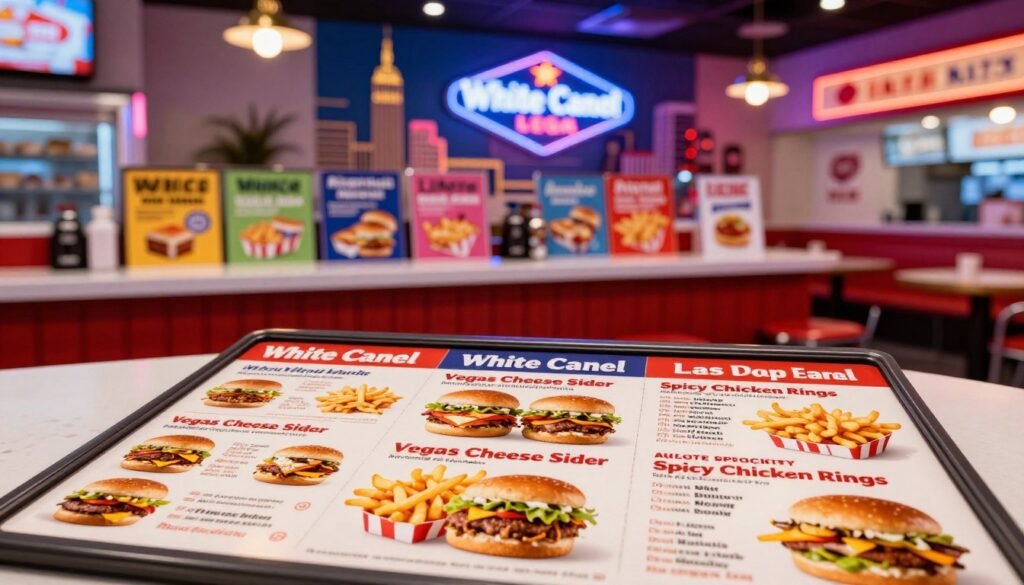 A vibrant and inviting White Castle menu display set in a Las Vegas restaurant environment. In the foreground, showcase a beautifully organized menu featuring iconic items such as sliders, fries, and exclusive Las Vegas specialties like the “Vegas Cheese Slider” and “Spicy Chicken Rings”. The middle ground includes a slightly blurred counter filled with colorful promotional materials and the familiar White Castle decor, emphasizing a fun and casual dining atmosphere. The background is adorned with Las Vegas-themed elements, like bright neon lights and iconic skyline silhouettes, creating an exciting ambiance. Use soft, warm lighting to enhance the welcoming mood, capturing the essence of indulgent late-night snacks in a cozy, bustling setting. The perspective should be a slightly elevated angle, allowing a clear view of the menu items without any distractions.
