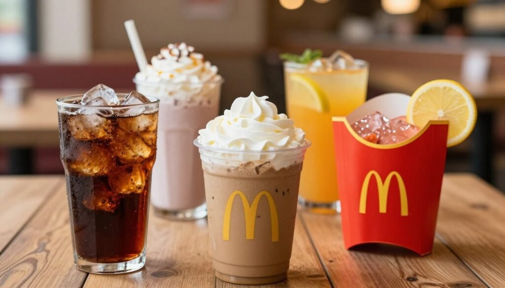 A vibrant and inviting composition showcasing a variety of McDonald's beverages arranged artfully on a rustic wooden table. In the foreground, a tall, frosty cup of cola with ice cubes glistening in the light, next to a refreshing cup of iced coffee topped with whipped cream, and a bright red cup filled with strawberry lemonade adorned with a slice of lemon. In the middle background, blur out a few more beverage options, like a shake with a straw and an orange soda, to create depth. The setting is warmly lit, resembling a cozy restaurant atmosphere, capturing the essence of a bustling lunchtime. Soft bokeh effect in the background enhances the focus on the beverages, evoking a cheerful and refreshing mood. A vibrant and inviting composition showcasing a variety of McDonald's beverages arranged artfully on a rustic wooden table. In the foreground, a tall, frosty cup of cola with ice cubes glistening in the light, next to a refreshing cup of iced coffee topped with whipped cream, and a bright red cup filled with strawberry lemonade adorned with a slice of lemon. In the middle background, blur out a few more beverage options, like a shake with a straw and an orange soda, to create depth. The setting is warmly lit, resembling a cozy restaurant atmosphere, capturing the essence of a bustling lunchtime. Soft bokeh effect in the background enhances the focus on the beverages, evoking a cheerful and refreshing mood.