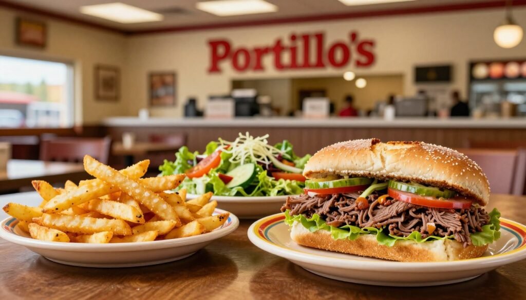 A vibrant and inviting display of gluten-free menu options at Portillo's, showcasing a delicious arrangement of gluten-free items like crispy French fries, a fresh garden salad, and a zesty Italian beef sandwich served in a gluten-free bun. In the foreground, highlight the colorful plates with enticing food textures and garnishes, while the middle ground features a well-designed, clean restaurant interior with warm lighting, creating a welcoming atmosphere. In the background, subtly blur the iconic Portillo's signage and decor to provide context without overshadowing the food. Use soft, natural lighting to enhance the freshness and appetizing quality of the dishes, evoking a sense of comfort and satisfaction. A vibrant and inviting display of gluten-free menu options at Portillo's, showcasing a delicious arrangement of gluten-free items like crispy French fries, a fresh garden salad, and a zesty Italian beef sandwich served in a gluten-free bun. In the foreground, highlight the colorful plates with enticing food textures and garnishes, while the middle ground features a well-designed, clean restaurant interior with warm lighting, creating a welcoming atmosphere. In the background, subtly blur the iconic Portillo's signage and decor to provide context without overshadowing the food. Use soft, natural lighting to enhance the freshness and appetizing quality of the dishes, evoking a sense of comfort and satisfaction.