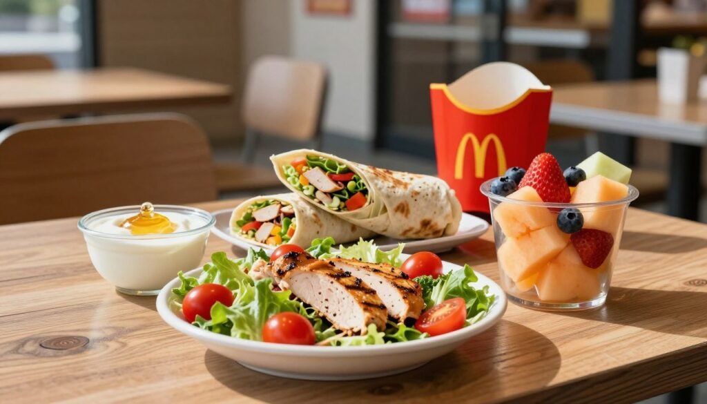A vibrant and inviting display of healthy meal options at McDonald's, presented on a rustic wooden table in a well-lit environment. In the foreground, feature a colorful salad with fresh greens, cherry tomatoes, and grilled chicken, alongside a fruit cup filled with strawberries, blueberries, and melon. In the middle, show a whole-grain wrap with lean turkey and vegetables, and a small bowl of low-fat yogurt with honey. The background should include a blurred interior of a McDonald's restaurant, emphasizing a clean and modern dining space. Natural sunlight streams in through large windows, creating a warm and welcoming atmosphere, suggesting a nutritious and balanced meal choice. The overall mood is healthy and appealing, perfect for those seeking wholesome options.
