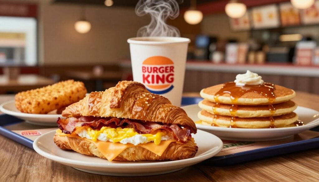 A vibrant and inviting overhead shot of a typical Burger King breakfast menu display, featuring an array of breakfast items. In the foreground, showcase a freshly made Croissant Sandwich with egg, bacon, and cheese, alongside a fluffy Pancake Breakfast with syrup drizzling down. In the middle, include a steaming cup of coffee and a hash brown tucked neatly in the corner. The background should feature a subtle blur of a Burger King restaurant setting, with warm lighting that creates a cozy morning atmosphere. The scene should be captured with a soft-focus lens, emphasizing the deliciousness of the food while ensuring a clean and appetizing presentation. Overall, the image should evoke a sense of freshness and appetizing warmth, perfect for a morning meal.