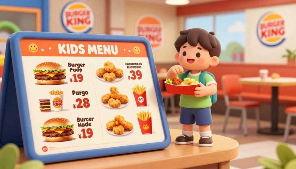 A vibrant and playful illustration of a Burger King Kids Menu pricing display. In the foreground, a colorful menu board featuring appetizing images of kids' meals like burger, chicken nuggets, and fries, with prices clearly visible. In the middle, a cheerful, cartoon-style depiction of a smiling child holding a meal, dressed in casual, modest clothing, enjoying the food. In the background, a family-friendly Burger King restaurant scene with bright colors, a play area visible, and soft lighting creating a warm atmosphere. The image should evoke a sense of fun and excitement, ideal for children and their parents looking for delicious meal options. The angle should be slightly elevated to capture the menu board and the child effectively.