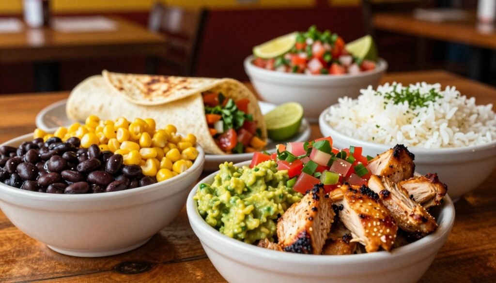 A vibrant, appetizing display of El Pollo Loco bowl options, arranged artfully on a rustic wooden table. In the foreground, focus on a colorful chicken bowl filled with tender, grilled chicken, fresh guacamole, and zesty salsa. Accompany it with bowls featuring ingredients like black beans, corn, and lime-infused rice. In the middle ground, include a soft tortilla wrap partially unrolled, revealing flavorful fillings like pico de gallo and cilantro. In the background, capture the restaurant ambiance with warm, ambient lighting that enhances the textures of the ingredients, evoking a cozy, inviting atmosphere. Utilize a shallow depth of field to soften the background and draw attention to the vibrant colors and textures of the food, creating a mouthwatering and enticing presentation. A vibrant, appetizing display of El Pollo Loco bowl options, arranged artfully on a rustic wooden table. In the foreground, focus on a colorful chicken bowl filled with tender, grilled chicken, fresh guacamole, and zesty salsa. Accompany it with bowls featuring ingredients like black beans, corn, and lime-infused rice. In the middle ground, include a soft tortilla wrap partially unrolled, revealing flavorful fillings like pico de gallo and cilantro. In the background, capture the restaurant ambiance with warm, ambient lighting that enhances the textures of the ingredients, evoking a cozy, inviting atmosphere. Utilize a shallow depth of field to soften the background and draw attention to the vibrant colors and textures of the food, creating a mouthwatering and enticing presentation.