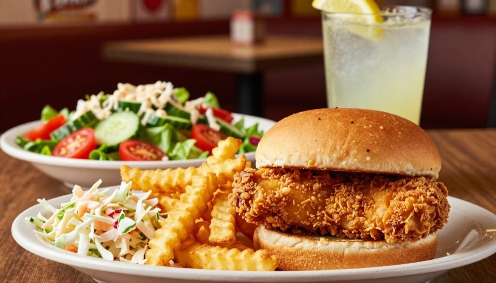 A vibrant arrangement of nut-free menu options inspired by Raising Cane's. In the foreground, feature a crispy chicken sandwich with golden, crunchy breading, accompanied by a side of fresh, crisp coleslaw and golden crinkle-cut fries, all plated appealingly. In the middle ground, showcase a colorful, wholesome salad with cherry tomatoes, cucumbers, and a light dressing, alongside a refreshing lemonade in a clear cup. The background should include a softly blurred restaurant setting with warm lighting, capturing the inviting atmosphere of a casual dining experience. The scene conveys a sense of safety and enjoyment, appealing to families and individuals who are cautious about allergens. Use a slight overhead angle to emphasize the food details, and ensure the lighting highlights the textures and colors of the dishes without harsh shadows.