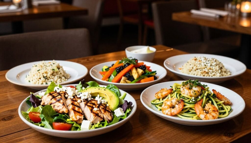 A vibrant dining scene showcasing a beautifully arranged table at Ruby Tuesday, featuring an array of keto-friendly dishes. In the foreground, highlight a delectable grilled chicken salad topped with avocado, feta cheese, and fresh greens. Next to it, present a plate of zoodles (zucchini noodles) with pesto and sautéed shrimp. In the middle, include a colorful vegetable medley and a side of cauliflower rice for a low-carb touch. The background should showcase a cozy restaurant setting with warm ambient lighting, wooden fixtures, and soft details that convey an inviting atmosphere. Use a slight overhead angle to capture the inviting arrangement of food and the welcoming ambiance, emphasizing health and freshness, perfect for health-conscious diners.