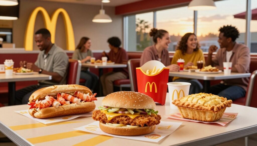 A vibrant dining scene showcasing a variety of regional McDonald's menu specials from across America. In the foreground, a mouthwatering spread featuring unique items like the McLobster roll, Spicy McChicken sandwich, and a Pineapple Pie, beautifully arranged on a stylized table setting. The middle ground features a cozy McDonald's booth, filled with diverse patrons enjoying their meals, dressed in modest casual clothing, laughing and sharing their experiences. The background depicts a warm ambiance with iconic McDonald's design elements, soft lighting highlighting the food, and large windows showing a pleasant sunset outside. The scene conveys an inviting and lively atmosphere, celebrating the unique flavors available in different regions.