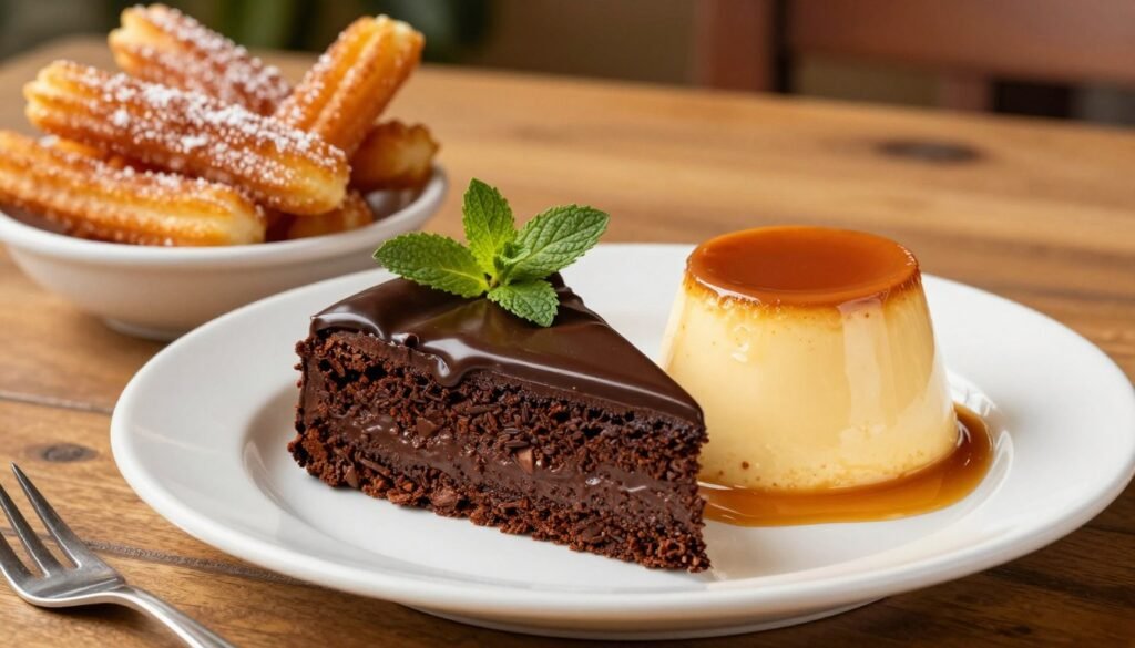 A vibrant display of El Pollo Loco desserts, featuring a slice of rich chocolate cake topped with a glossy chocolate ganache, adorned with sprigs of fresh mint. Beside it, a creamy flan drizzled with caramel sauce, and a bowl of colorful churros dusted with cinnamon sugar. In the background, soft-focus rustic wooden tables enhance the warmth, while warm, golden lighting creates an inviting atmosphere. The desserts are arranged elegantly on a white plate with a fork neatly placed beside it. Capture this scene from a slightly elevated angle to emphasize the textures and the enticing details of the desserts. The mood is cheerful and indulgent, perfect for enticing viewers to explore El Pollo Loco’s sweet treats.