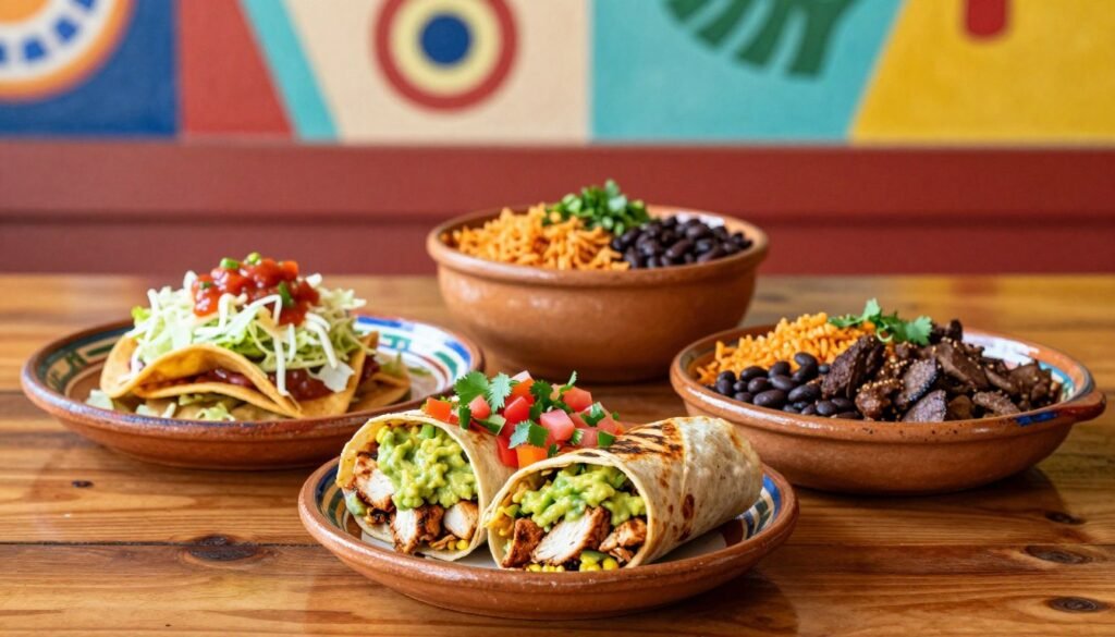 A vibrant display of El Pollo Loco menu items featuring a mouthwatering selection of burritos, bowls, and tostadas. In the foreground, showcase a hearty burrito bursting with grilled chicken, fresh guacamole, and colorful pico de gallo, garnished with cilantro. Beside it, a hearty bowl filled with spicy rice, black beans, and tender carne asada. A tostada topped with shredded lettuce, cheese, and salsa completes the arrangement. In the middle, a rustic wooden table sets the scene, with bright stoneware plateware reflecting the lively colors of the food. The background features a softly blurred Mexican-themed mural, creating a warm, inviting atmosphere. Soft natural lighting highlights the textures and freshness of the ingredients, aiming for a cheerful and appetizing mood. A vibrant display of El Pollo Loco menu items featuring a mouthwatering selection of burritos, bowls, and tostadas. In the foreground, showcase a hearty burrito bursting with grilled chicken, fresh guacamole, and colorful pico de gallo, garnished with cilantro. Beside it, a hearty bowl filled with spicy rice, black beans, and tender carne asada. A tostada topped with shredded lettuce, cheese, and salsa completes the arrangement. In the middle, a rustic wooden table sets the scene, with bright stoneware plateware reflecting the lively colors of the food. The background features a softly blurred Mexican-themed mural, creating a warm, inviting atmosphere. Soft natural lighting highlights the textures and freshness of the ingredients, aiming for a cheerful and appetizing mood.