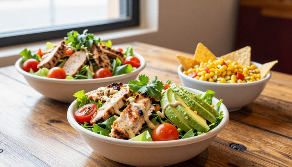 A vibrant display of El Pollo Loco salad options arranged on a rustic wooden table. In the foreground, a colorful fresh salad bowl filled with grilled chicken, mixed greens, cherry tomatoes, cilantro, and zesty avocado slices, drizzled with a light dressing. Next to it, a smaller bowl showcasing corn salsa and tortilla strips adds texture and zest. In the background, soft natural light streams in through a nearby window, creating a warm, inviting atmosphere. The setting includes a hint of El Pollo Loco branding in the form of subtle decor elements, enhancing the restaurant feel without overpowering the salads. The lens captures the scene from a slight angle to emphasize depth and freshness, inviting viewers to explore the delicious offerings of the menu. A vibrant display of El Pollo Loco salad options arranged on a rustic wooden table. In the foreground, a colorful fresh salad bowl filled with grilled chicken, mixed greens, cherry tomatoes, cilantro, and zesty avocado slices, drizzled with a light dressing. Next to it, a smaller bowl showcasing corn salsa and tortilla strips adds texture and zest. In the background, soft natural light streams in through a nearby window, creating a warm, inviting atmosphere. The setting includes a hint of El Pollo Loco branding in the form of subtle decor elements, enhancing the restaurant feel without overpowering the salads. The lens captures the scene from a slight angle to emphasize depth and freshness, inviting viewers to explore the delicious offerings of the menu.