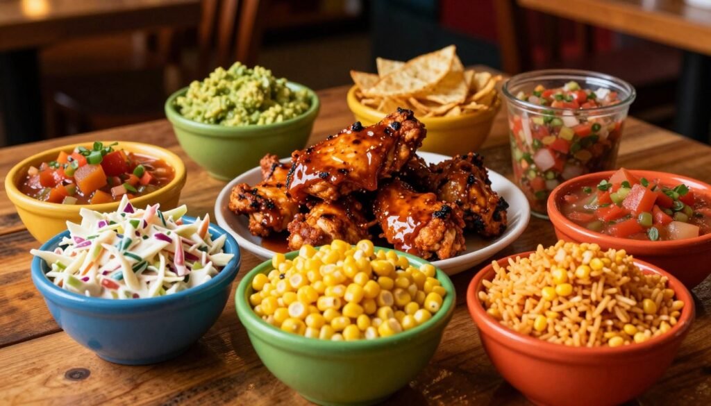 A vibrant display of El Pollo Loco's delicious menu items spread across a rustic wooden table. In the foreground, mouth-watering sides like creamy coleslaw, zesty corn, and spicy rice are artfully arranged in colorful bowls. The middle ground features signature grilled chicken pieces, glistening from a tempting marinade, alongside fresh guacamole and salsa. The background softly blurs to reveal a cozy restaurant ambiance with warm lighting, suggesting a friendly dining atmosphere. The scene captures the essence of sharing a meal, evoking a sense of warmth and enjoyment. Use a slightly overhead angle to showcase the details of the food, with natural sunlight casting gentle shadows, enhancing the vibrant colors and textures. The overall mood is inviting and appetizing, highlighting the delicious options available on the El Pollo Loco menu.