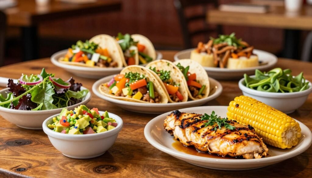 A vibrant display of El Pollo Loco's gluten-free menu, featuring an array of colorful, delicious dishes on a rustic wooden table. In the foreground, highlight a beautifully plated grilled chicken breast garnished with fresh herbs, alongside sides of zesty avocado salsa, mixed greens, and roasted corn. In the middle, showcase a selection of gluten-free tortillas, neatly stacked with vibrant vegetable toppings. The background features a cozy, inviting restaurant setting with warm lighting and subtle earthy tones, evoking a welcoming atmosphere. The scene is captured from a slight overhead angle using a soft-focus lens, enhancing the details of the food while keeping the ambiance relaxed and appealing, perfect for health-conscious diners. A vibrant display of El Pollo Loco's gluten-free menu, featuring an array of colorful, delicious dishes on a rustic wooden table. In the foreground, highlight a beautifully plated grilled chicken breast garnished with fresh herbs, alongside sides of zesty avocado salsa, mixed greens, and roasted corn. In the middle, showcase a selection of gluten-free tortillas, neatly stacked with vibrant vegetable toppings. The background features a cozy, inviting restaurant setting with warm lighting and subtle earthy tones, evoking a welcoming atmosphere. The scene is captured from a slight overhead angle using a soft-focus lens, enhancing the details of the food while keeping the ambiance relaxed and appealing, perfect for health-conscious diners.