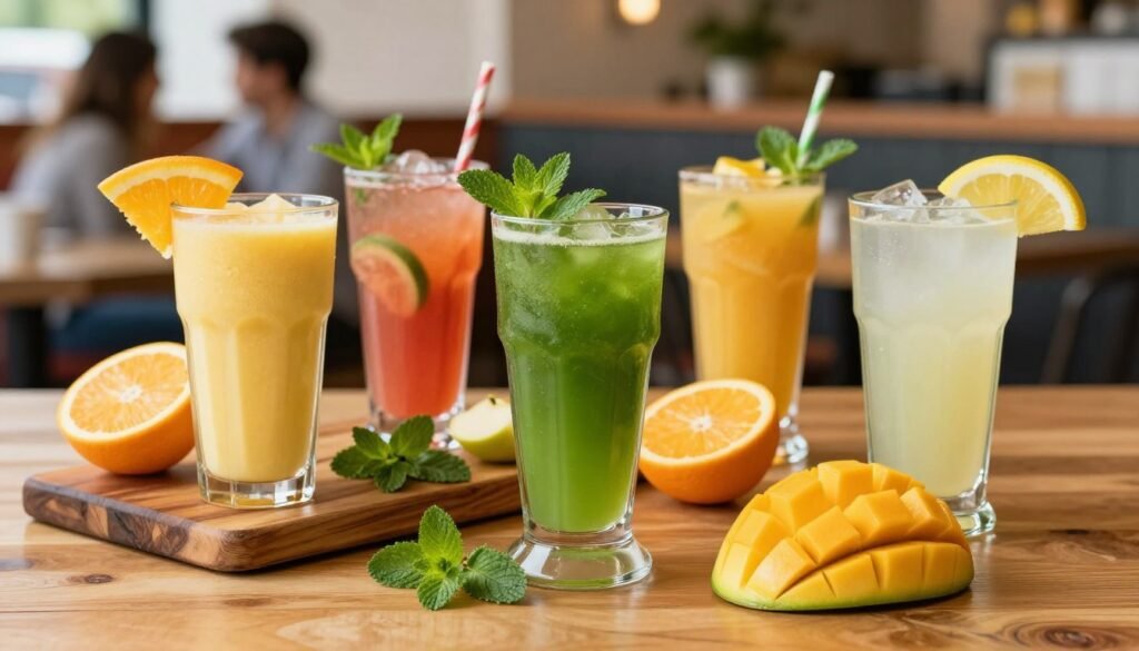 A vibrant display of El Pollo Loco's healthy drinks arranged elegantly on a wooden table. In the foreground, several colorful beverages are showcased in tall glasses: a refreshing mango smoothie with a slice of fresh mango on the rim, a minty green juice decorated with a sprig of mint, and a zesty lemonade with a lemon wheel. The middle ground features a rustic wooden serving board with fresh fruit like oranges, apples, and leafy greens that hint at the ingredients. In the background, out of focus, a sunny, lively restaurant setting with customers enjoying their meals creates an inviting atmosphere. Soft, natural lighting highlights the drinks, emphasizing their freshness. The scene evokes a cheerful and healthy vibe, perfect for health-conscious choices.