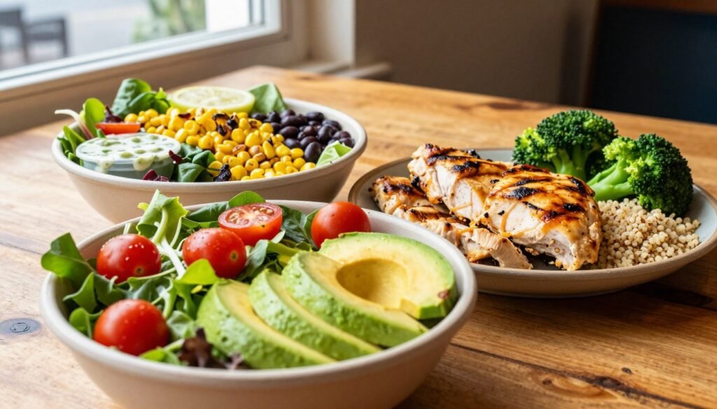 A vibrant display of El Pollo Loco's healthy menu options featuring a colorful bowl filled with grilled chicken, fresh mixed greens, cherry tomatoes, and sliced avocados in the foreground. In the middle, a well-arranged salad with roasted corn, black beans, and a light vinaigrette dressing sits beside a Pollo Fit option, showcasing a lean chicken breast served with quinoa and steamed broccoli. In the background, a rustic wooden table adds warmth, with soft natural sunlight streaming in from a nearby window, creating a bright and inviting atmosphere. The focus should be sharp on the dishes while maintaining a soft blur on the surroundings, capturing a lively and healthy dining experience, enticing viewers with a sense of vitality and freshness.