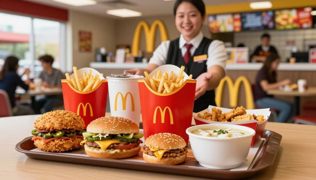 A vibrant display of McDonald's value menu items showcasing regional variations across America. In the foreground, feature an array of $1 deals artfully presented on a classic red and yellow McDonald's tray, including items like a spicy McChicken with jalapeños, McDoubles with special regional toppings, and unique sides like clam chowder from the Pacific Northwest. The middle ground shows a friendly employee in professional attire, proudly presenting the tray. The background is a bustling McDonald's interior with colorful decor and customers enjoying their meals. Bright, natural lighting fills the scene, creating a welcoming atmosphere, and a slightly angled perspective emphasizes the delicious food. Focus on a clean, appetizing presentation without any text or distractions.