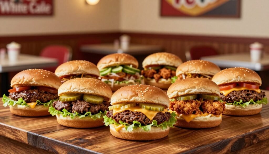 A vibrant display of White Castle slider options arranged artfully on a rustic wooden table. In the foreground, a variety of sliders including the classic beef, chicken, veggie, and loaded options, with fresh toppings like lettuce, pickles, and melted cheese enticingly visible. The middle ground features a softly blurred background of a cozy diner setting, with warm lighting that creates an inviting atmosphere. A close-up shot with a slight top-down angle to emphasize the freshness and variety of the sliders. The mood should evoke a sense of nostalgia and comfort food, showcasing the iconic flavors of White Castle in a mouth-watering way.