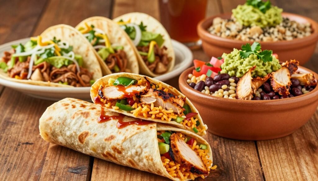 A vibrant display of a colorful El Pollo Loco menu featuring mouthwatering burritos and bowls. In the foreground, a beautifully arranged burrito, wrapped in a flour tortilla, filled with grilled chicken, rice, fresh vegetables, and drizzled with a spicy sauce, sitting on a rustic wooden table. Beside it, a bowl overflowing with a rich mix of grains, beans, pico de gallo, guacamole, and tender chicken, garnished with fresh cilantro. In the middle background, soft-focus images of additional menu items like tacos and salads under warm, inviting lighting create a cozy atmosphere. The overall mood is appetizing and inviting, emphasizing the freshness and flavor of the food, captured with a warm color palette and a slight overhead angle to showcase the ingredients beautifully. No text or logos present. A vibrant display of a colorful El Pollo Loco menu featuring mouthwatering burritos and bowls. In the foreground, a beautifully arranged burrito, wrapped in a flour tortilla, filled with grilled chicken, rice, fresh vegetables, and drizzled with a spicy sauce, sitting on a rustic wooden table. Beside it, a bowl overflowing with a rich mix of grains, beans, pico de gallo, guacamole, and tender chicken, garnished with fresh cilantro. In the middle background, soft-focus images of additional menu items like tacos and salads under warm, inviting lighting create a cozy atmosphere. The overall mood is appetizing and inviting, emphasizing the freshness and flavor of the food, captured with a warm color palette and a slight overhead angle to showcase the ingredients beautifully. No text or logos present.