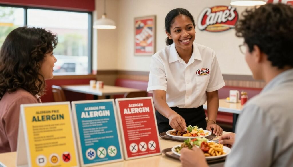 A vibrant, informative scene depicting allergen accommodation policies in a cozy fast-food restaurant environment. In the foreground, a table displays a colorfully arranged array of allergen-free menu items, clearly labeled with allergy icons. In the middle ground, a friendly, professional staff member in a neat Raising Cane's uniform is attentively assisting a customer with food choices, showcasing a welcoming atmosphere. The background features a clean and bright dining area with subtle branding elements. Natural lighting flows through large windows, creating a warm ambiance. The angle captures both the details of the allergen information and the interaction between staff and customers, conveying a sense of care and accessibility in dining options for those with food allergies.