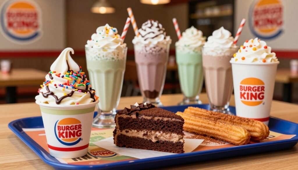 A vibrant, inviting display of Burger King's secret menu dessert combinations arranged artistically on a colorful tray. In the foreground, showcase a swirl of soft-serve ice cream in vibrant flavors, topped with rainbow sprinkles and chocolate drizzle. Beside it, a rich chocolate cake slice with creamy frosting, and a crispy churro dusted with cinnamon sugar. In the middle ground, place an array of unique milkshakes in various colors, each topped with whipped cream and creative garnishes. The background features a subtle, blurred image of a Burger King restaurant setting, with warm lighting creating a cozy atmosphere. Use a shallow depth of field to draw focus to the desserts, making them the star of the image, invoking a sense of indulgence and delight.