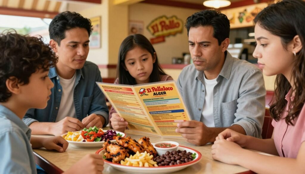 A vibrant, inviting image depicting a dining scene at El Pollo Loco, focusing on a diverse family seated around a table, looking through an allergen menu. In the foreground, a close-up of a colorful plate featuring grilled chicken, fresh salsa, and a side of beans, highlighting allergen-friendly choices. In the middle ground, the family members, dressed in casual yet professional attire, are engaged in discussion, with concerned yet thoughtful expressions as they reference the menu. The background showcases a warm, well-lit El Pollo Loco restaurant ambiance with wooden accents and cheerful décor. Soft, natural lighting enhances the welcoming atmosphere, while a slight blur emphasizes the focus on the family and their meal choices, creating a mood of care and attentiveness to food allergies. A vibrant, inviting image depicting a dining scene at El Pollo Loco, focusing on a diverse family seated around a table, looking through an allergen menu. In the foreground, a close-up of a colorful plate featuring grilled chicken, fresh salsa, and a side of beans, highlighting allergen-friendly choices. In the middle ground, the family members, dressed in casual yet professional attire, are engaged in discussion, with concerned yet thoughtful expressions as they reference the menu. The background showcases a warm, well-lit El Pollo Loco restaurant ambiance with wooden accents and cheerful décor. Soft, natural lighting enhances the welcoming atmosphere, while a slight blur emphasizes the focus on the family and their meal choices, creating a mood of care and attentiveness to food allergies.