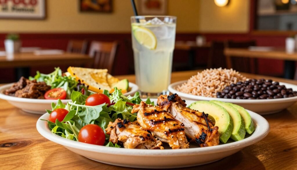 A vibrant, inviting image showcasing a selection of healthy combo meals from El Pollo Loco. In the foreground, a beautifully arranged plate featuring grilled chicken, a colorful salad with fresh greens, cherry tomatoes, and avocado slices, accompanied by a side of brown rice and black beans. In the middle ground, a wooden table setting with a refreshing drink, like iced lemon water, presented in a stylish glass. The background includes a subtle hint of a restaurant interior decorated with warm, inviting colors and light fixtures, creating a comfortable dining atmosphere. The lighting is soft and natural, illuminating the food’s textures and colors, enhancing the appetizing appeal. The overall mood is wholesome and encouraging, showcasing nutritious dining choices within a friendly environment.