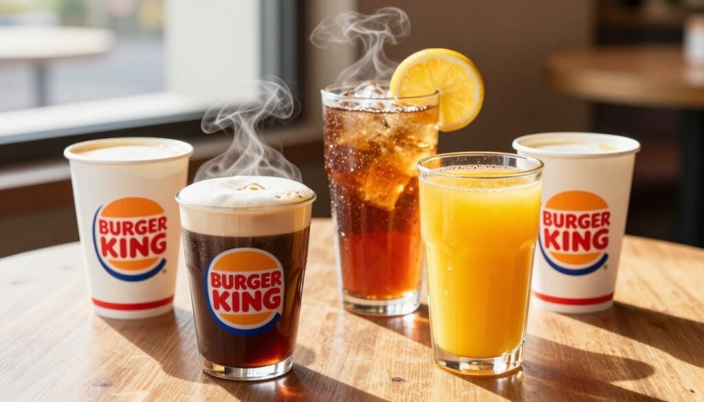 A vibrant, mouth-watering display of Burger King breakfast beverages, featuring a variety of drinks including freshly brewed coffee, orange juice, and iced tea served in signature cups, arranged on a wooden table. The foreground highlights a steaming cup of coffee with rich, dark liquid and a layer of frothy cream, accompanied by a clear glass of bright, sunny orange juice that glimmers in the light. In the middle ground, the iced tea is depicted with condensation on the glass, adorned with a lemon slice, all set against a backdrop of soft morning sunlight streaming through a nearby window. The atmosphere is warm and inviting, evoking a sense of morning energy, perfect for starting the day. The focus is sharp, with a shallow depth of field to emphasize the beverages while maintaining a softly blurred cafe atmosphere in the background, creating a cozy, welcoming feel.