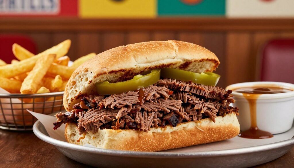A vibrant, mouthwatering display of Portillo's legendary beef creations, featuring a gourmet Italian beef sandwich overflowing with tender, juicy slices of beef, nestled in a fresh, crusty roll topped with sweet peppers. Surrounding the sandwich are crispy, golden fries served in a rustic basket, and a container of rich, savory dipping gravy. In the background, a cozy diner setting with warm wood accents and colorful decor evokes a nostalgic atmosphere. The lighting is soft and inviting, creating a warm glow that highlights the delicious food. Use a close-up angle to emphasize the texture and layers of the beef. Capture the mood of comfort food indulgence, making viewers crave these unexpected delights. A vibrant, mouthwatering display of Portillo's legendary beef creations, featuring a gourmet Italian beef sandwich overflowing with tender, juicy slices of beef, nestled in a fresh, crusty roll topped with sweet peppers. Surrounding the sandwich are crispy, golden fries served in a rustic basket, and a container of rich, savory dipping gravy. In the background, a cozy diner setting with warm wood accents and colorful decor evokes a nostalgic atmosphere. The lighting is soft and inviting, creating a warm glow that highlights the delicious food. Use a close-up angle to emphasize the texture and layers of the beef. Capture the mood of comfort food indulgence, making viewers crave these unexpected delights.