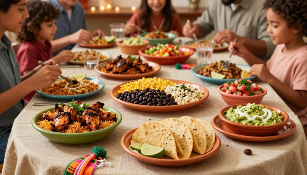 A vibrant spread of El Pollo Loco catering options displayed elegantly on a decorated table, featuring colorful bowls of grilled chicken, savory rice, fresh pico de gallo, and creamy guacamole. In the foreground, a centerpiece of tortillas and lime wedges adds brightness. The middle section showcases platters filled with side dishes like corn and black beans, surrounded by festive decorations. Cascading table linens in warm tones create a welcoming atmosphere. In the background, a softly blurred setting with ambient lighting captures a family enjoying the meal, dressed in modest casual clothing, embodying the spirit of shared joy and celebration. The overall mood is inviting and festive, perfect for a family gathering. Soft, warm lighting enhances the colors, creating a cozy, appetizing scene. A vibrant spread of El Pollo Loco catering options displayed elegantly on a decorated table, featuring colorful bowls of grilled chicken, savory rice, fresh pico de gallo, and creamy guacamole. In the foreground, a centerpiece of tortillas and lime wedges adds brightness. The middle section showcases platters filled with side dishes like corn and black beans, surrounded by festive decorations. Cascading table linens in warm tones create a welcoming atmosphere. In the background, a softly blurred setting with ambient lighting captures a family enjoying the meal, dressed in modest casual clothing, embodying the spirit of shared joy and celebration. The overall mood is inviting and festive, perfect for a family gathering. Soft, warm lighting enhances the colors, creating a cozy, appetizing scene.