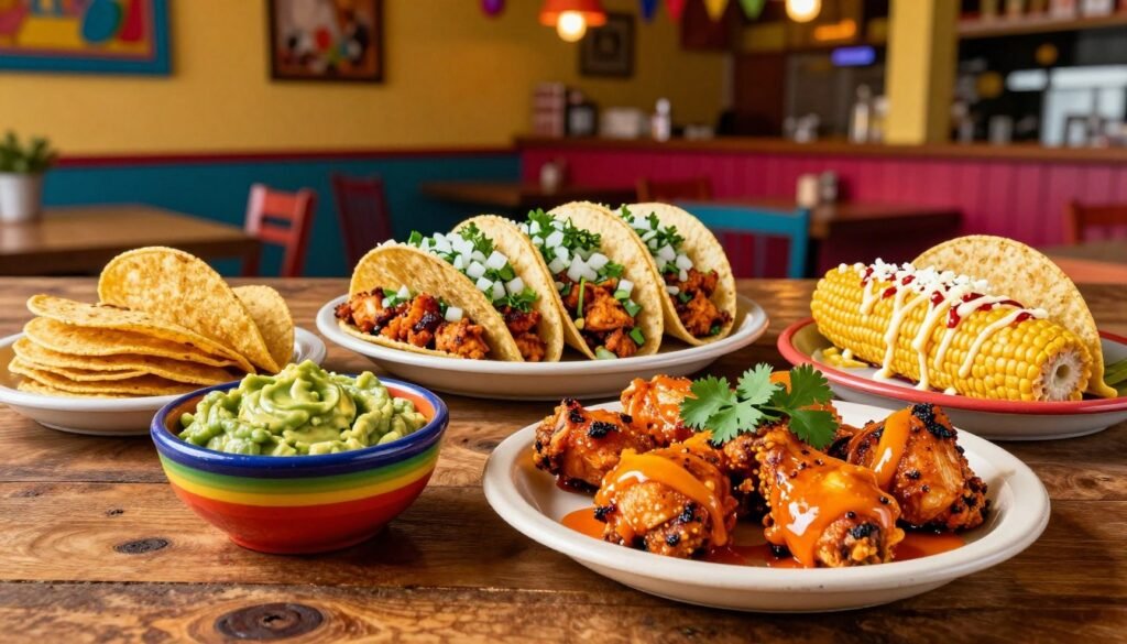 A vibrant spread of popular El Pollo Loco menu items arranged on a rustic wooden table. In the foreground, showcase a plate of juicy, flame-grilled chicken with a zesty orange marinade, garnished with fresh cilantro. Beside it, place a colorful bowl of creamy guacamole and a stack of warm corn tortillas. In the middle ground, include a sizzling platter of marinated chicken tacos topped with diced onions and chopped cilantro. Additionally, feature a vibrant side of Mexican street corn drizzled with spicy mayo and crumbled cheese. The background should be a softly blurred, lively Mexican-style restaurant interior with warm lighting and colorful decor, creating an inviting and festive atmosphere. The scene conveys a sense of deliciousness and warmth, perfect for food lovers. A vibrant spread of popular El Pollo Loco menu items arranged on a rustic wooden table. In the foreground, showcase a plate of juicy, flame-grilled chicken with a zesty orange marinade, garnished with fresh cilantro. Beside it, place a colorful bowl of creamy guacamole and a stack of warm corn tortillas. In the middle ground, include a sizzling platter of marinated chicken tacos topped with diced onions and chopped cilantro. Additionally, feature a vibrant side of Mexican street corn drizzled with spicy mayo and crumbled cheese. The background should be a softly blurred, lively Mexican-style restaurant interior with warm lighting and colorful decor, creating an inviting and festive atmosphere. The scene conveys a sense of deliciousness and warmth, perfect for food lovers.