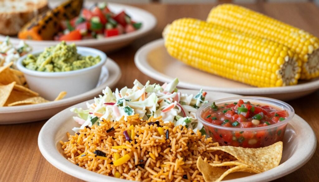 A vibrant table setting showcasing El Pollo Loco sides and add-ons, featuring a warm, inviting atmosphere. In the foreground, highlight a generous serving of freshly made Spanish rice, creamy coleslaw, and crispy tortilla chips with a side of zesty salsa. In the middle ground, display a small bowl of guacamole and a side of corn on the cob, arranged artfully. The background should feature subtle hints of other menu items, like grilled vegetables and pico de gallo, blurred for depth. Soft, natural lighting enhances the colors of the dishes, providing a fresh and appetizing feel. The angle is slightly above eye-level, capturing the entire spread as if inviting viewers to indulge in a delicious meal together, evoking a sense of warmth and comfort. A vibrant table setting showcasing El Pollo Loco sides and add-ons, featuring a warm, inviting atmosphere. In the foreground, highlight a generous serving of freshly made Spanish rice, creamy coleslaw, and crispy tortilla chips with a side of zesty salsa. In the middle ground, display a small bowl of guacamole and a side of corn on the cob, arranged artfully. The background should feature subtle hints of other menu items, like grilled vegetables and pico de gallo, blurred for depth. Soft, natural lighting enhances the colors of the dishes, providing a fresh and appetizing feel. The angle is slightly above eye-level, capturing the entire spread as if inviting viewers to indulge in a delicious meal together, evoking a sense of warmth and comfort.