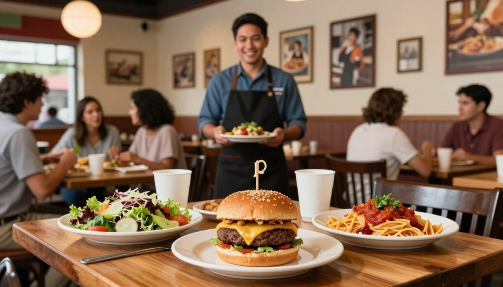 A vibrant, well-lit restaurant scene at Portillo's showcasing allergen-friendly meal options. In the foreground, a wooden table displays a colorful array of nut-free dishes, including a juicy cheeseburger without nuts, a fresh garden salad, and gluten-free pasta with marinara sauce, all beautifully presented on elegant dinnerware. The middle ground features a friendly staff member wearing casual attire, smiling and engaging with customers, emphasizing a welcoming atmosphere. The background captures the bustling restaurant interior, decorated with warm lighting, vintage photos, and wooden accents, creating an inviting ambiance. The image should convey a sense of safety and inclusivity for allergen-conscious diners, with a focus on appetizing food and a friendly environment, using a soft focus to enhance warmth and approachability. A vibrant, well-lit restaurant scene at Portillo's showcasing allergen-friendly meal options. In the foreground, a wooden table displays a colorful array of nut-free dishes, including a juicy cheeseburger without nuts, a fresh garden salad, and gluten-free pasta with marinara sauce, all beautifully presented on elegant dinnerware. The middle ground features a friendly staff member wearing casual attire, smiling and engaging with customers, emphasizing a welcoming atmosphere. The background captures the bustling restaurant interior, decorated with warm lighting, vintage photos, and wooden accents, creating an inviting ambiance. The image should convey a sense of safety and inclusivity for allergen-conscious diners, with a focus on appetizing food and a friendly environment, using a soft focus to enhance warmth and approachability.