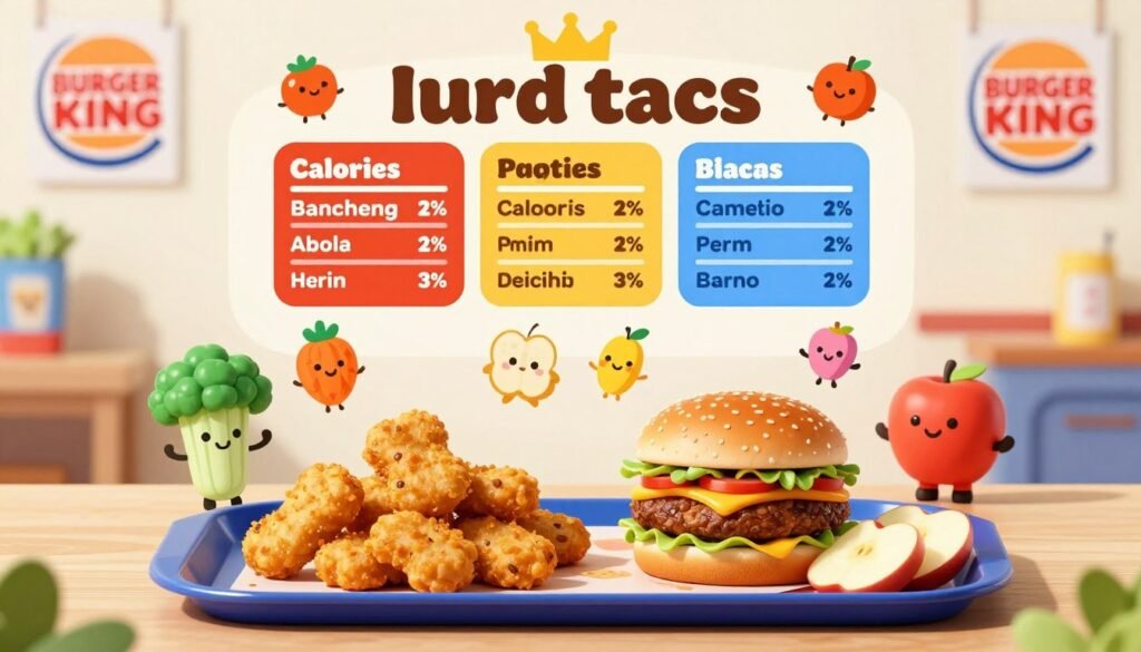 A visually appealing and informative illustration of Burger King kids menu nutrition facts, presented on a bright and cheerful background. In the foreground, a colorful array of kid-friendly meals such as chicken nuggets, a small hamburger, and apple slices, neatly arranged on a tray. The middle section features a creative layout of nutrition facts boxes, showcasing calories, proteins, and other essential nutrients in vibrant colors. Small cartoonish characters, like smiling vegetables and playful fruits, surround the meals, adding a whimsical touch. The background is a soft blur of a Burger King setting, with playful decor elements like crowns and playful colors. The lighting is bright and inviting, capturing a wholesome atmosphere ideal for families, with a focus on healthy choices for children.