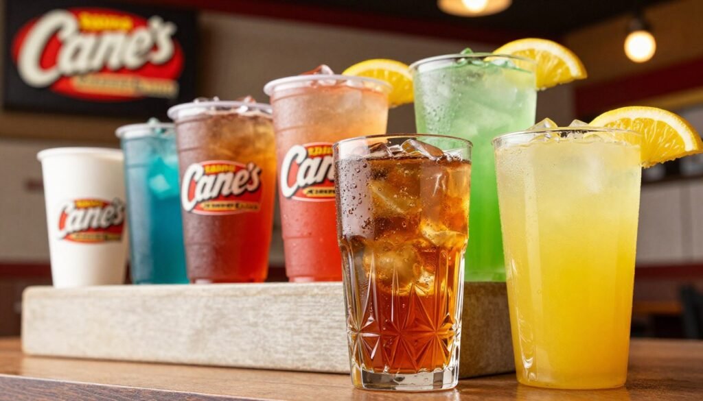 A visually appealing arrangement of Raising Cane's beverage options, featuring soft drinks, iced tea, and lemonade. In the foreground, showcase a crystal-clear glass of iced tea with condensation, alongside a bright yellow cup of lemonade adorned with a slice of lemon. The middle layer should include a selection of colorful soft drink cups, emphasizing their vibrant branding. Background elements feature a subtle blur of a Raising Cane's restaurant interior to give context but keep the focus on the beverages. The scene should be well-lit with warm, inviting light to evoke a sense of comfort and enjoyment. Use a slightly elevated angle to capture the dynamic colors and textures of the drinks, creating an inviting and refreshing atmosphere. A visually appealing arrangement of Raising Cane's beverage options, featuring soft drinks, iced tea, and lemonade. In the foreground, showcase a crystal-clear glass of iced tea with condensation, alongside a bright yellow cup of lemonade adorned with a slice of lemon. The middle layer should include a selection of colorful soft drink cups, emphasizing their vibrant branding. Background elements feature a subtle blur of a Raising Cane's restaurant interior to give context but keep the focus on the beverages. The scene should be well-lit with warm, inviting light to evoke a sense of comfort and enjoyment. Use a slightly elevated angle to capture the dynamic colors and textures of the drinks, creating an inviting and refreshing atmosphere.