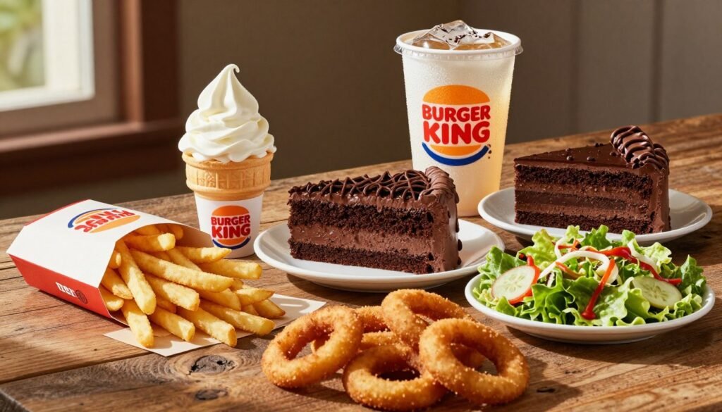 A visually appealing arrangement of a variety of Burger King menu items reflecting their nutritional aspects. In the foreground, a colorful display of sides like crispy fries, onion rings, and garden salads, artfully arranged on a rustic wooden table. In the middle ground, an inviting selection of desserts including soft serve ice cream in a cone and a rich chocolate cake slice, showcasing their tempting textures. In the background, a chilled beverage in a branded cup with condensation, capturing the refreshing essence of fast food drinks. Soft, natural lighting pours in from the side, casting gentle shadows that enhance the food’s textures. The angle is slightly above, giving a tantalizing overview of the meal. The atmosphere rises with a sense of indulgence and thoughtful nutritional consideration. A visually appealing arrangement of a variety of Burger King menu items reflecting their nutritional aspects. In the foreground, a colorful display of sides like crispy fries, onion rings, and garden salads, artfully arranged on a rustic wooden table. In the middle ground, an inviting selection of desserts including soft serve ice cream in a cone and a rich chocolate cake slice, showcasing their tempting textures. In the background, a chilled beverage in a branded cup with condensation, capturing the refreshing essence of fast food drinks. Soft, natural lighting pours in from the side, casting gentle shadows that enhance the food’s textures. The angle is slightly above, giving a tantalizing overview of the meal. The atmosphere rises with a sense of indulgence and thoughtful nutritional consideration.