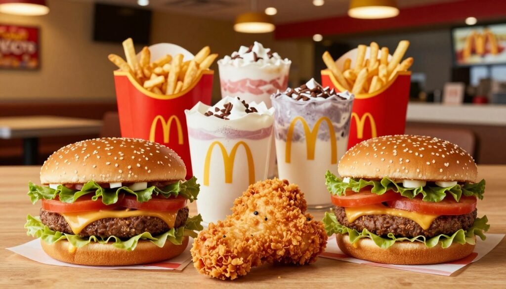A visually appealing arrangement showcasing McDonald's regional menu variations, featuring iconic dishes from around the world. In the foreground, a beautifully plated Big Mac alongside a Spicy McChicken and an McMaharaja burger, garnished with fresh herbs. In the middle ground, a vibrant selection of side items, such as Poutine and McFlurry flavors unique to specific regions, artfully displayed on a wooden table. The background depicts an inviting McDonald's restaurant interior with warm lighting, retro decor, and subtle hints of international themes. Capture this scene with a close-up angle to emphasize the textures and colors of the food, creating a mouth-watering atmosphere that reflects the diverse culinary offerings at McDonald's. The mood should be lively and inviting, appealing to food lovers everywhere. A visually appealing arrangement showcasing McDonald's regional menu variations, featuring iconic dishes from around the world. In the foreground, a beautifully plated Big Mac alongside a Spicy McChicken and an McMaharaja burger, garnished with fresh herbs. In the middle ground, a vibrant selection of side items, such as Poutine and McFlurry flavors unique to specific regions, artfully displayed on a wooden table. The background depicts an inviting McDonald's restaurant interior with warm lighting, retro decor, and subtle hints of international themes. Capture this scene with a close-up angle to emphasize the textures and colors of the food, creating a mouth-watering atmosphere that reflects the diverse culinary offerings at McDonald's. The mood should be lively and inviting, appealing to food lovers everywhere.