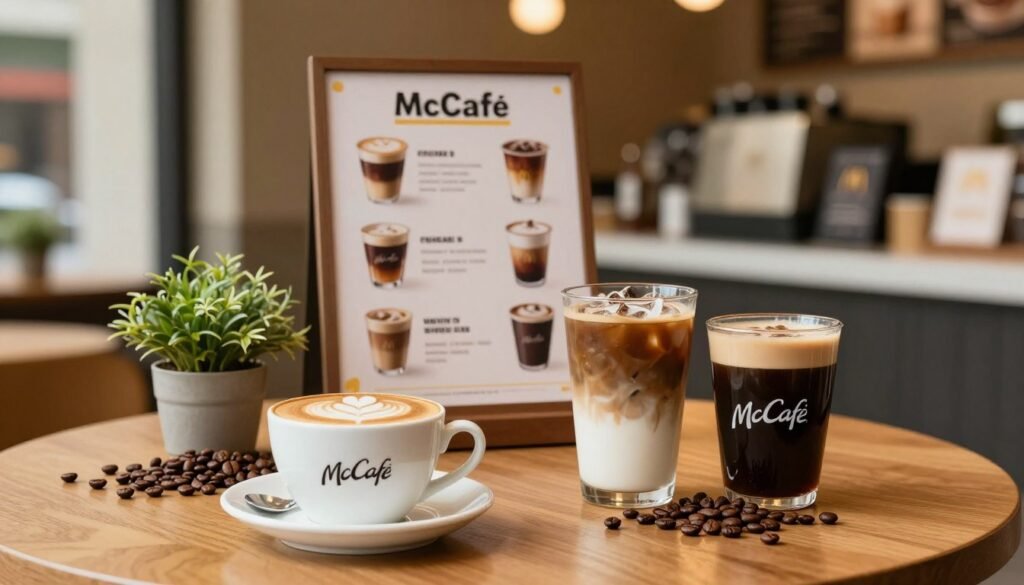 A visually appealing composition showcasing a McCafé coffee selection. In the foreground, an elegantly arranged set of diverse coffee cups, including a cappuccino topped with frothy milk art, a refreshing iced coffee, and a classic black coffee, all on a wooden table. In the middle ground, a stylish menu board displaying various coffee options, surrounded by coffee beans and small plants for a touch of freshness. The background features a cozy McCafé ambiance, with soft, warm lighting and subtle hints of McDonald's branding. The atmosphere is inviting and relaxed, ideal for coffee lovers exploring quality and sourcing practices. Use a shallow depth of field to focus on the coffee cups, with a slight bokeh effect on the background. Natural light enhances the rich colors and textures of the coffee and surroundings, creating a warm and welcoming mood. A visually appealing composition showcasing a McCafé coffee selection. In the foreground, an elegantly arranged set of diverse coffee cups, including a cappuccino topped with frothy milk art, a refreshing iced coffee, and a classic black coffee, all on a wooden table. In the middle ground, a stylish menu board displaying various coffee options, surrounded by coffee beans and small plants for a touch of freshness. The background features a cozy McCafé ambiance, with soft, warm lighting and subtle hints of McDonald's branding. The atmosphere is inviting and relaxed, ideal for coffee lovers exploring quality and sourcing practices. Use a shallow depth of field to focus on the coffee cups, with a slight bokeh effect on the background. Natural light enhances the rich colors and textures of the coffee and surroundings, creating a warm and welcoming mood.