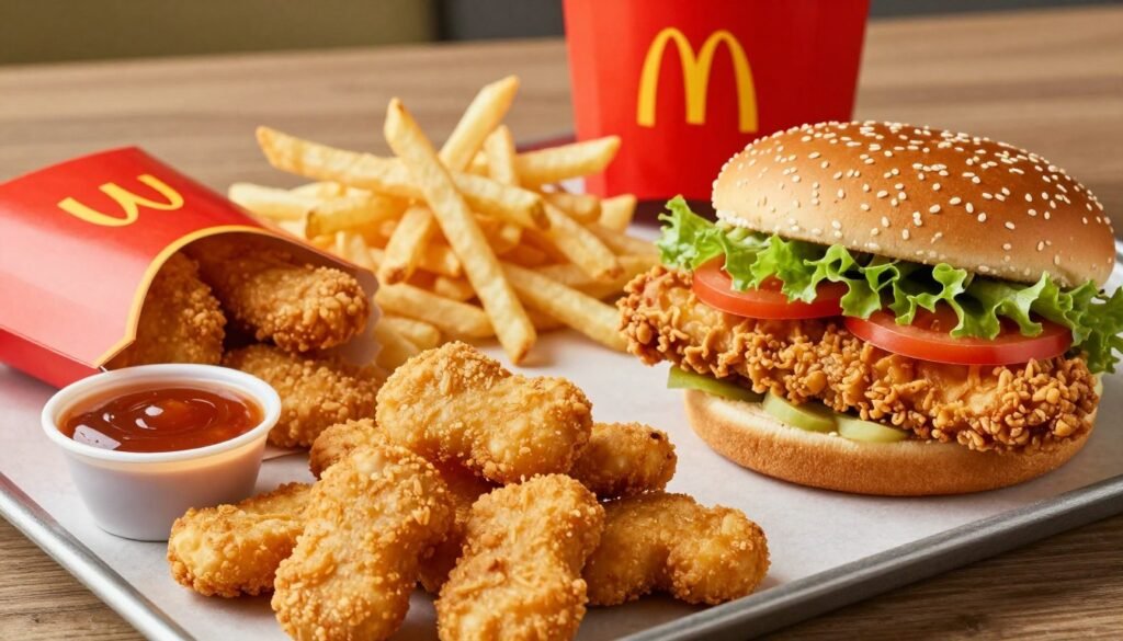 A visually appealing display of McDonald's Chicken Menu, focusing on a variety of fried chicken offerings. In the foreground, a steaming bag of crispy Chicken McNuggets, artfully arranged with a small bowl of sweet and sour dipping sauce. Beside it, a freshly prepared crispy chicken sandwich with vibrant lettuce and tomato peeking out. In the middle ground, a side of golden, salty French fries complements the chicken selections, creating a tempting, balanced meal. The background features the iconic red and yellow McDonald's color scheme, with soft diffused lighting that enhances the inviting atmosphere. The angle should be slightly overhead, emphasizing the textures and appealing colors of the chicken dishes. The mood is casual and friendly, perfect for a lunchtime setting. A visually appealing display of McDonald's Chicken Menu, focusing on a variety of fried chicken offerings. In the foreground, a steaming bag of crispy Chicken McNuggets, artfully arranged with a small bowl of sweet and sour dipping sauce. Beside it, a freshly prepared crispy chicken sandwich with vibrant lettuce and tomato peeking out. In the middle ground, a side of golden, salty French fries complements the chicken selections, creating a tempting, balanced meal. The background features the iconic red and yellow McDonald's color scheme, with soft diffused lighting that enhances the inviting atmosphere. The angle should be slightly overhead, emphasizing the textures and appealing colors of the chicken dishes. The mood is casual and friendly, perfect for a lunchtime setting.