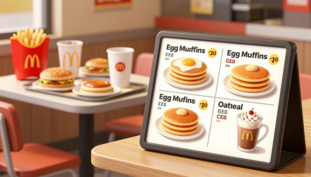 A visually appealing illustration of a McDonald's breakfast menu featuring prices, set in a cozy fast-food restaurant environment. In the foreground, present a stylized menu board showcasing various breakfast items such as Egg McMuffins, hotcakes, oatmeal, and coffee, each with clear prices. The middle ground includes a neatly arranged table with breakfast items and drinks, adding depth to the scene. The background displays a warm, inviting interior of a McDonald's with subtle red and yellow color accents, illuminated by soft, natural lighting. The angle is slightly elevated to capture both the menu and the inviting atmosphere. The mood is cheerful and appetizing, perfect for illustrating the breakfast menu theme.